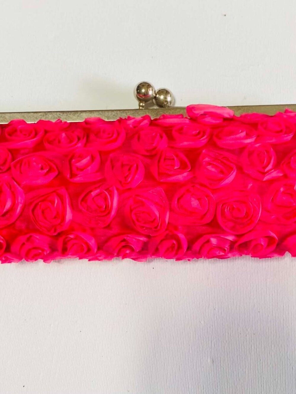 Hot Pink Rose Petal Fabric Clutch Silver Kiss Lock Evening Bag Retro Prom